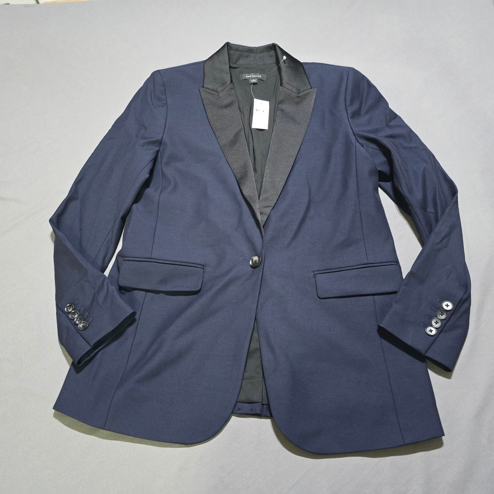 Ann Taylor Blazer Women 4 Navy Satin Lapel Tuxedo Jacket Single Button